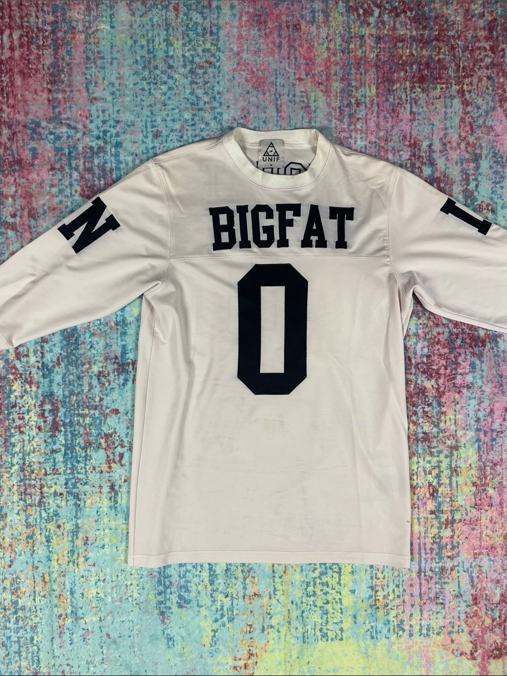 UNIF White Long Sleeve 'BIGFAT' Graphic Shirt with Navy Details